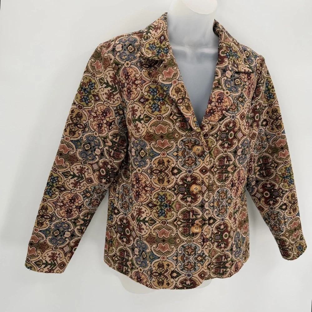 VTG Gemilli Blazer Jacket Womens Petite Large Tan Tapestry Made in USA Classic